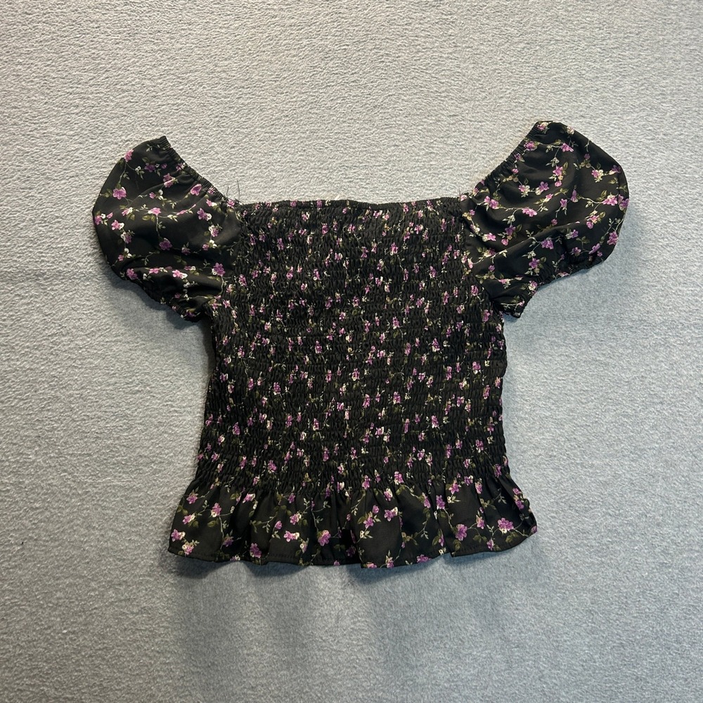 Papermoon Smocked Peplum Puff Sleeve Womens Small Black Floral Cottagecore Top - Picture 2 of 6
